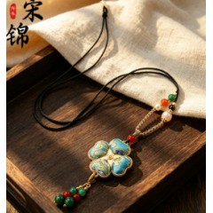 新中式国风非遗宋锦四叶草吊坠手作古风项链女挂坠旗袍配饰送礼品
